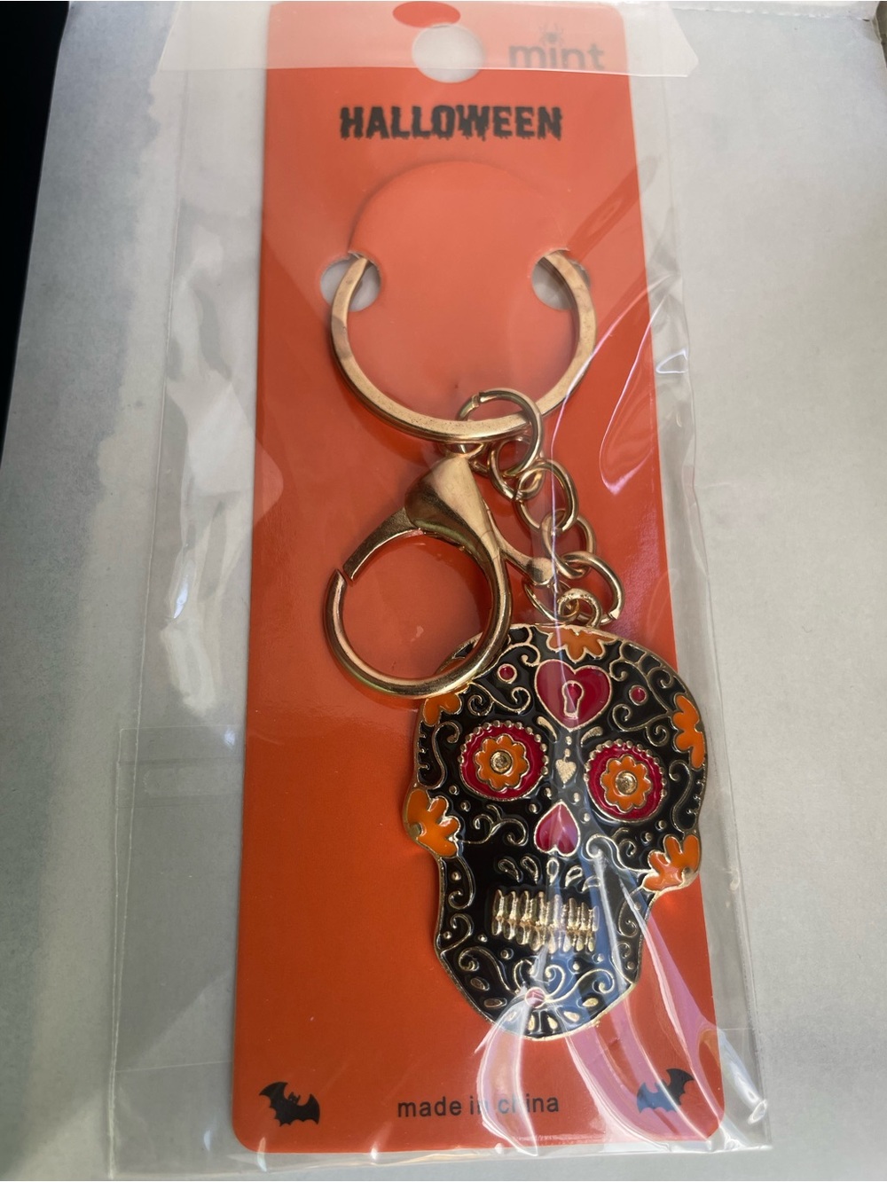 Mint Black Sugar Skull Keychain with Gold Hardware